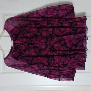 Terra & Sky Black Pink Floral Mesh Peasant Top Long Sleeves Size 1X
